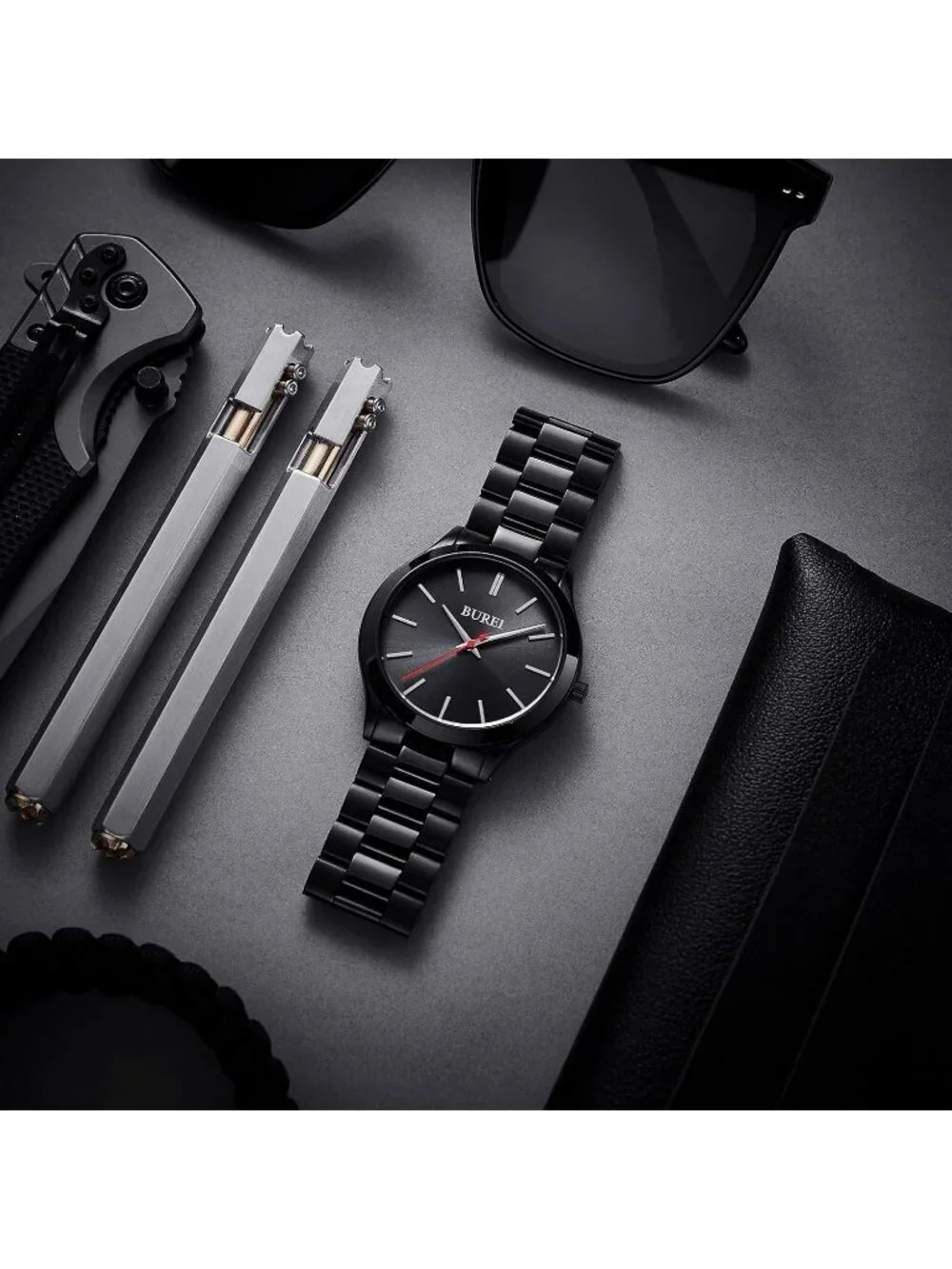 Men's Black Red Analog Quartz Stainless Steel Waterproof Round Luxury Watch